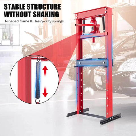 ✝️ 12 Ton Hydraulic Shop Press with Plate, Adjustable H-Frame Garage Floor Hydraulic Benchtop Press with stable structure highlighted.