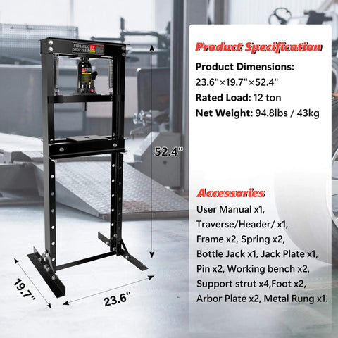 12 Ton Hydraulic Shop Press H Frame With Adjustable Floor Stand For Auto Shop Use Includes Stamping Plates With specifications shown.