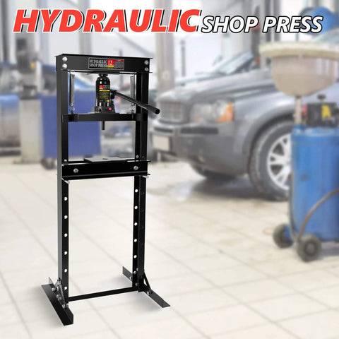 12 Ton Hydraulic Shop Press H Frame With Adjustable Floor Stand for Auto Shop Use displayed in garage.
