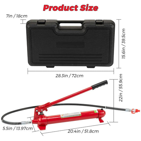 Heavy Duty 12 Ton Hydraulic Porta Power Jack Kit with storage case, dimensions shown for oil hose and jack components.