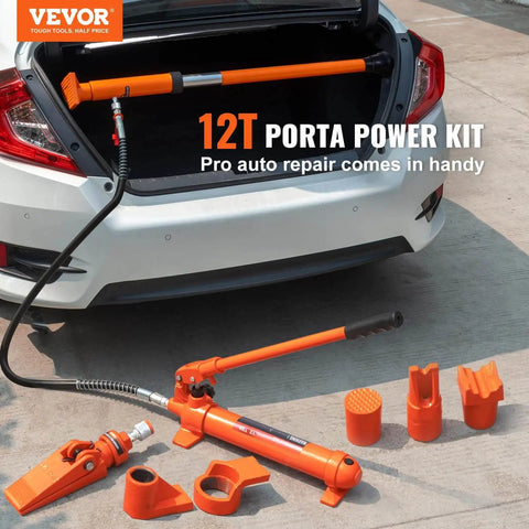 12 Ton Porta Power Kit With Long Handle And 4.6 Ft Hose, Portable Hydraulic Jack For Auto Body Frame Repair, Cars, Trucks, And Farm Use, Easy Setup In A Durable Storage Case, Heavy Duty Lifting And Quick Assembly displayed near car trunk