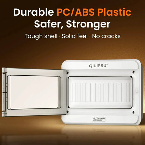 12 Way DIN Rail Circuit Breaker Box With UL94-V0 PC ABS Enclosure shown open, highlighting durability and toughness.