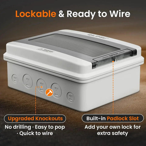 12 Way DIN Rail Circuit Breaker Box With UL94-V0 PC ABS Enclosure, IP65 Waterproof, shown with upgraded knockouts and lockable design