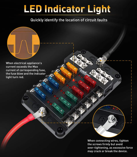 12 Way Fuse Block With LED Indicator For 12V Marine Auto Boat RV And More, Beefy Waterproof Fuse Panel With 36 Blade Fuses