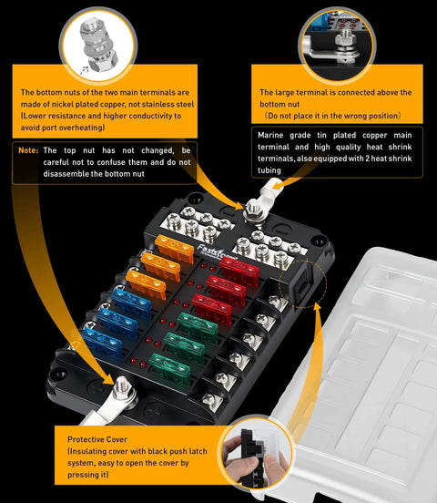 12 Way Fuse Block With LED Indicator For 12V Marine Auto Boat RV And More, waterproof fuse panel with blade fuses, side view