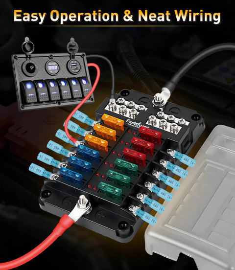 12 Way Fuse Block With LED Indicator For 12V Marine Auto Boat RV And More, showing 36 blade fuses in a waterproof panel.