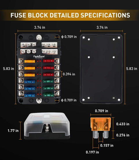 Front view of the 12 Way Fuse Block With LED Indicator For 12V Marine Auto Boat RV And More, showing dimensions and components.