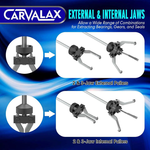 Illustration of 2 & 3-jaw pullers from the 12-Way Slide Hammer Puller Set, showing external and internal usage options for bearings and gears.