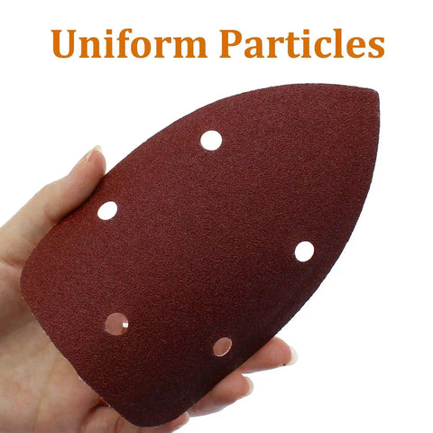Hand holding 120 Grit Mouse Detail Sander Sandpaper 50 Pcs 5 Hole Hook And Loop 140mm Sheet, showing five-hole design.