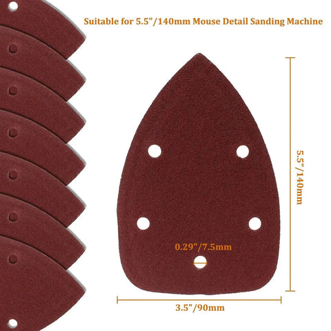 120 Grit Mouse Detail Sander Sandpaper 50 Pcs 5 Hole Hook And Loop 140mm Sheets showing measurements and design