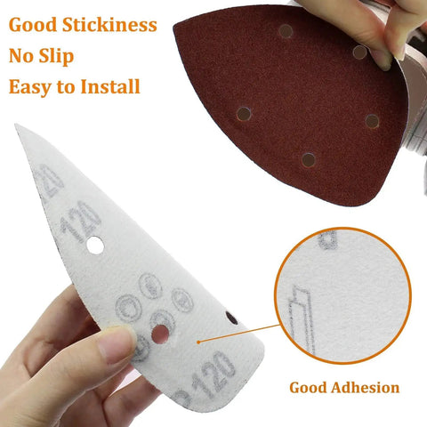 Close-up of 120 Grit Mouse Detail Sander Sandpaper 50 Pcs 5 Hole Hook And Loop 140mm Sheets, showing front and back with 5-hole pattern.