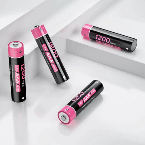 Four 1200mAh AAA rechargeable batteries in black and pink design on a white background.