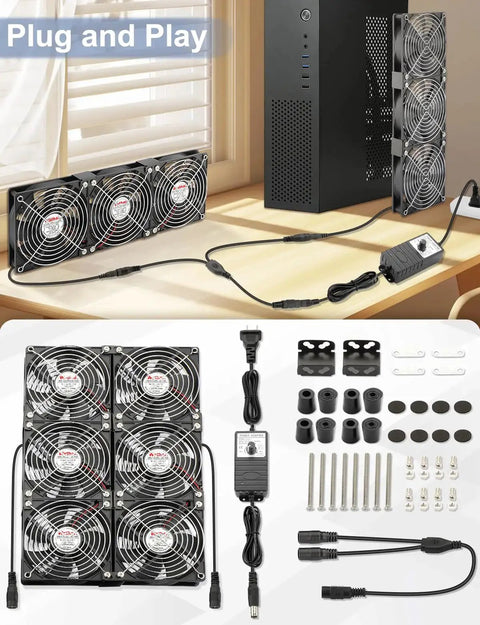 Image of 120mm Computer Fan Kit with AC Plug and Dual Ball Bearings installed for exhaust cooling in a window and server rack.