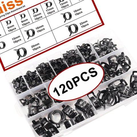 120 Piece Hose Clamp Kit With 7 To 22 Millimeter Black Spring Band Clamps in case, showing different sizes.