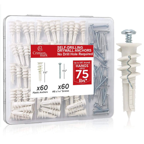 120 pcs #8 self drilling drywall anchors and screws kit with #8 x 1-1/4 inch hardware made from nylon reinforced with glass fiber holding up to 75 lb