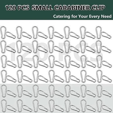 120 Pcs M5 Spring Snap Hook Carabiner Set, 2 Inch Small Carabiner Clip, Heavy Duty Galvanized Steel Spring Clip 3 Sixteenth Inch, Quick Link Key Chain For Swing Hammock Gym Outdoor, 200 Lbs Holding Capacity displayed in grid layout