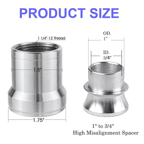 1.25 inch Heim joint rod end kit with tube adapters, misalignment spacers, jam nuts diagram showing dimensions