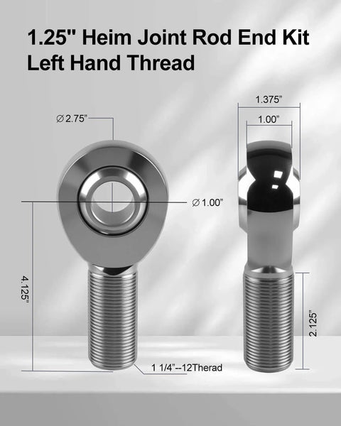 1.25 inch Heim Joint Rod End Kit, left hand thread chromoly rod end for steering & suspension, shown with dimensions