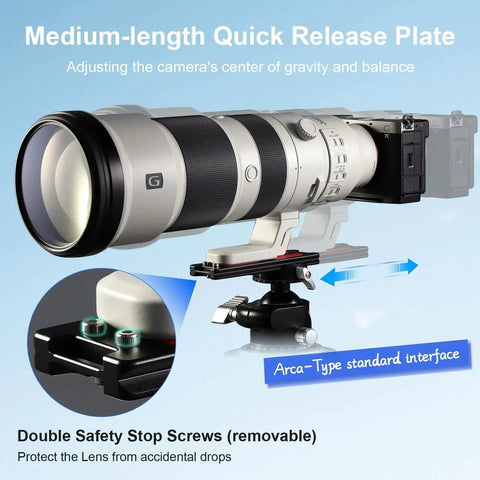 Camera mounted on 127mm Arca Swiss Quick Release Plate For Tripod Ball Heads with stainless steel screws and anti-slip rubber mats.