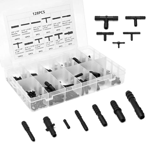 VIKKSAER 128Pcs nylon vacuum hose connector kit in clear case; barbed T connectors, 12 sizes