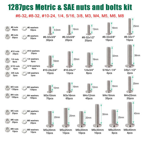 Twidec/2002PCS 304 Stainless Steel Hardware Assortment Kit, Metric & SAE nuts and bolts kit layout with various sizes and types.
