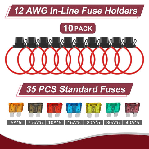 10 Pack Inline Fuse Holder Kit 12V Waterproof 12 AWG With 35 Standard Car Fuses 5A To 40A For Marine Auto And Electrical Circuits