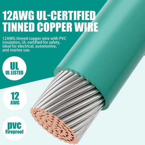 12 AWG UL-certified tinned copper wire with green PVC insulation and text highlighting UL safety and fireproof features.