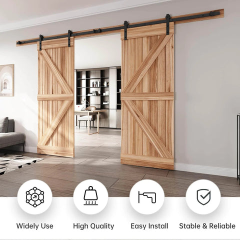 12 FT Double Door Sliding Barn Door Hardware Track Kit with Straight Pulley installed in living room for wide doorway
