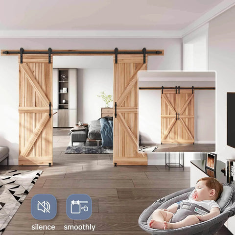 12 FT Double Sliding Barn Door Hardware Kit with straight pulley and handle installed in living room, aluminum track system visible