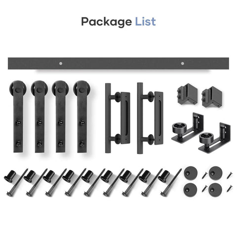 12 FT Double Sliding Barn Door Hardware Kit with straight pulley, handle, aluminum track, black finish, 360 lb capacity components displayed.