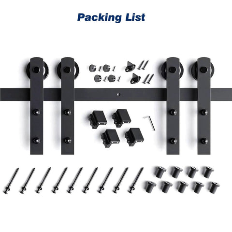 Components layout of 12 FT Double Door Sliding Barn Door Hardware Track Kit with Straight Pulley, screws and fittings shown.