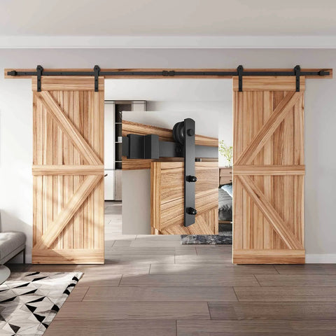 12 FT Double Door Sliding Barn Door Hardware Track Kit with Straight Pulley, heavy duty steel, installed on wood doors.