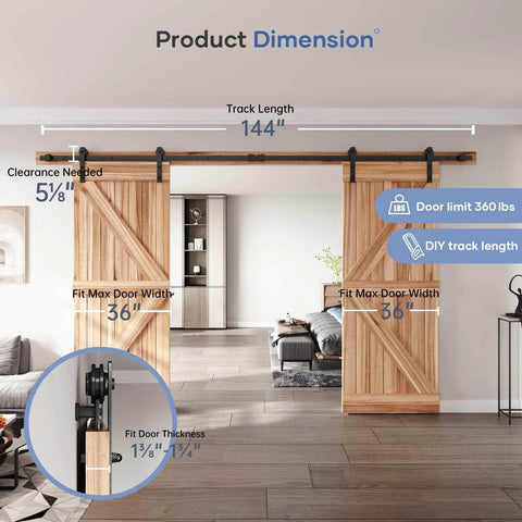 12 FT Double Door Sliding Barn Door Hardware Track Kit with Straight Pulley, fits two 36 inch doors, installed in modern interior