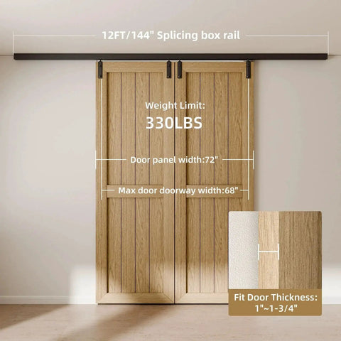 10 Feet Ceiling Mount Box Rail Barn Door Hardware Kit In Heavy Duty Steel With Black Powder Coated Track And Nylon Hangers Ceiling Mounted Sliding Door System For Interior And Exterior Use Fits Double Doors Easy Install No Door Included showing installed view with wooden doors.