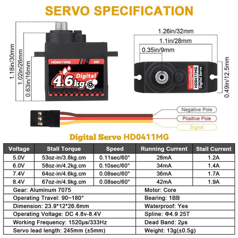 Waterproof 12g Servo Micro Servo Motor Metal Gear Arduino Servo 4.6kg High Torque Digital Servo specifications and wires