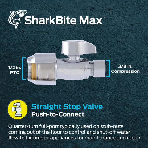 1/2 Inch By 3/8 Inch Compression Straight Stop Valve Push To Connect Brass Plumbing Fitting For PEX Copper CPVC PE RT HDPE Pipes