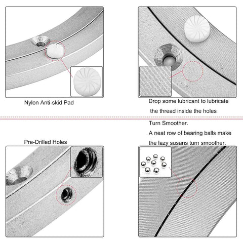 Details of 12 Inch Aluminum Lazy Susan Turntable Bearing: anti-skid pad, lubricant, pre-drilled holes, and ball bearings for smooth rotation.