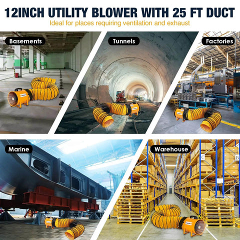 Heavy Duty 12 Inch Cylinder Axial Fan With 25 Foot Vinyl Hose Delivers 2900 CFM Directional Airflow For Crawl Spaces Attics Basements Portable Blower Exhaust Fan Built Tough For Quick Ventilation MOUNTO shown in various locations such as basements, tunnels, factories, marine, and warehouses.