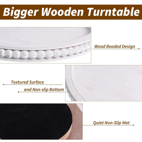 12 Inch Beaded Wooden Lazy Susan Organizer For Farmhouse Tables And Kitchen Counters, wood beaded design, textured surface.