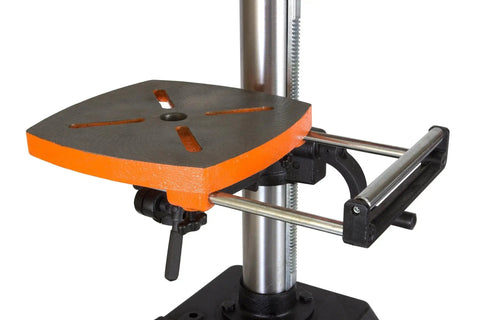 Side view of 12-Inch Benchtop Drill Press With 6.2-Amp Variable Speed Motor Cast Iron Construction, adjustable work table.