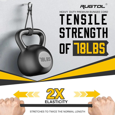 Heavy Duty 12 Inch Bungee Cords With Carabiner Hooks used to hang 78 lbs weight, demonstrating tensile strength and elasticity.