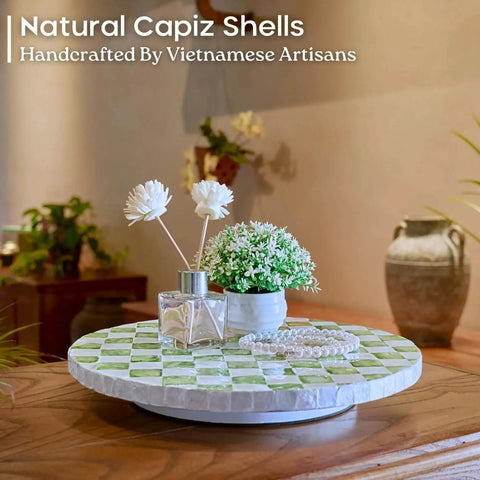 12 Inch Checkered Lazy Susan Handcrafted Capiz Shell Turntable Inlaid On Pine Wood With Pistachio Green Checker Pattern Displayed