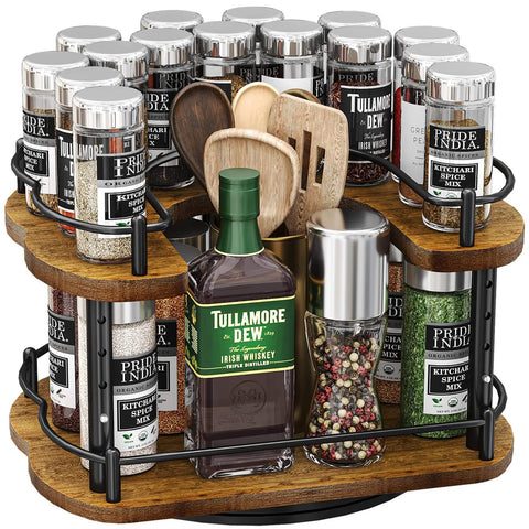 12 Inch D Shaped Lazy Susan Spice Rack Organizer with spices and utensils, Height Adjustable Two Tier Rotating Turntable, Solid Wood