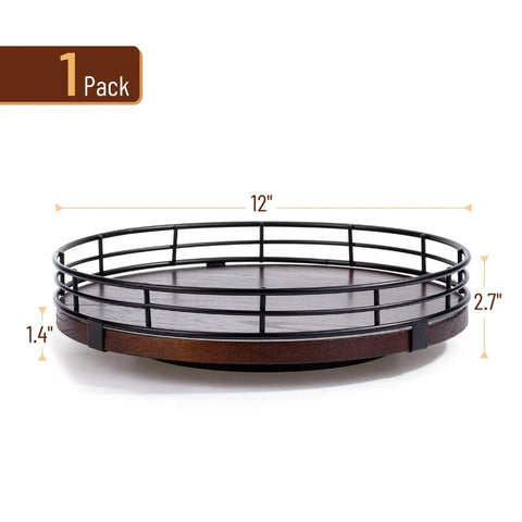 12 Inch Dark Mahogany Lazy Susan Turntable Organizer With Black Metal Frame For Tabletop, front view with size measurements.