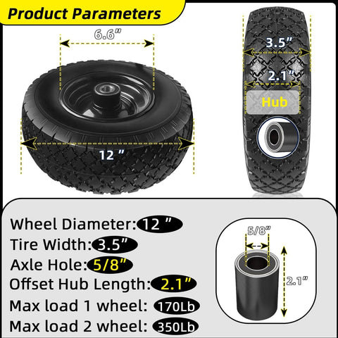 12 Inch Flat Free Solid Rubber Tire and Wheel Assembly with 2.1 Inch Offset Hub, dimensions and specs shown