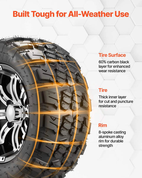 Close-up of 12 Inch Golf Cart Wheels and Tires Combo Set of 4 with 20x10-12 All Terrain Rubber Tires, Black Aluminum Alloy Rim