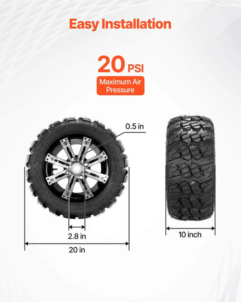Dimensions of 12 Inch Golf Cart Wheels and Tires Combo Set of 4 with 20x10-12 All Terrain Rubber Tires, showing 20 PSI maximum air pressure.
