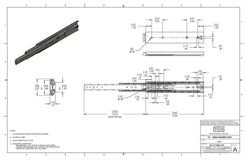 Technical drawing of 12 Inch Heavy Duty 250 lb Steel Drawer Slides - 3/4" Wide - Full Extension with Over Travel.