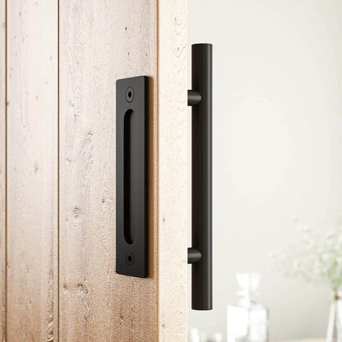 12 inch heavy duty sliding barn door handle with pull and flush finger hardware set, large rustic round black finish installed on door
