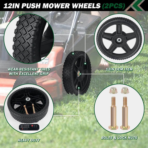 12 Inch Lawn Mower Wheels 2 Pack with Bolts and Lock Nuts, close-up view of tread and hardware for push mower replacements